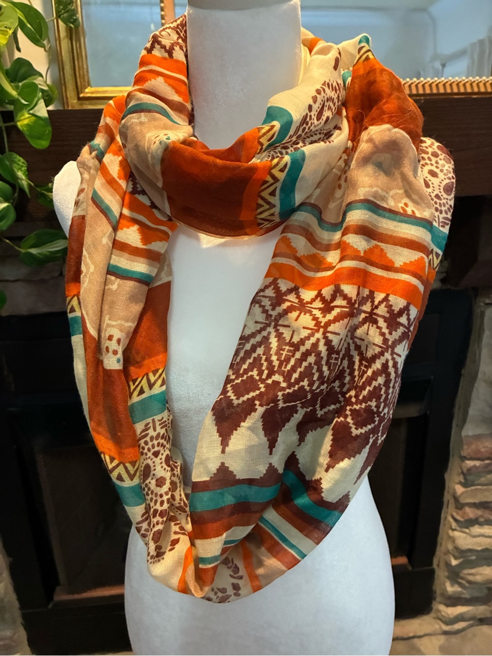 Multicolor Boho Infinity Scarf - Orange, Teal & Brown